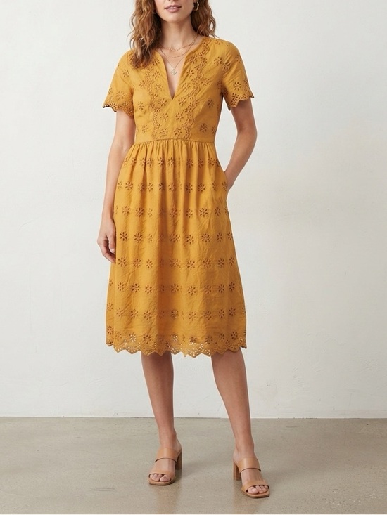 Madewell Dresses & Skirts - Madewell Mustard Yellow Eyelet Lace Dress V-Neck Short Sleeve Sun Dress Cotton❤️
